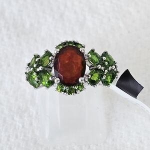 Natural Hessonite Garnet & Chrome Diopside Sterling Silver Ring Size 7!